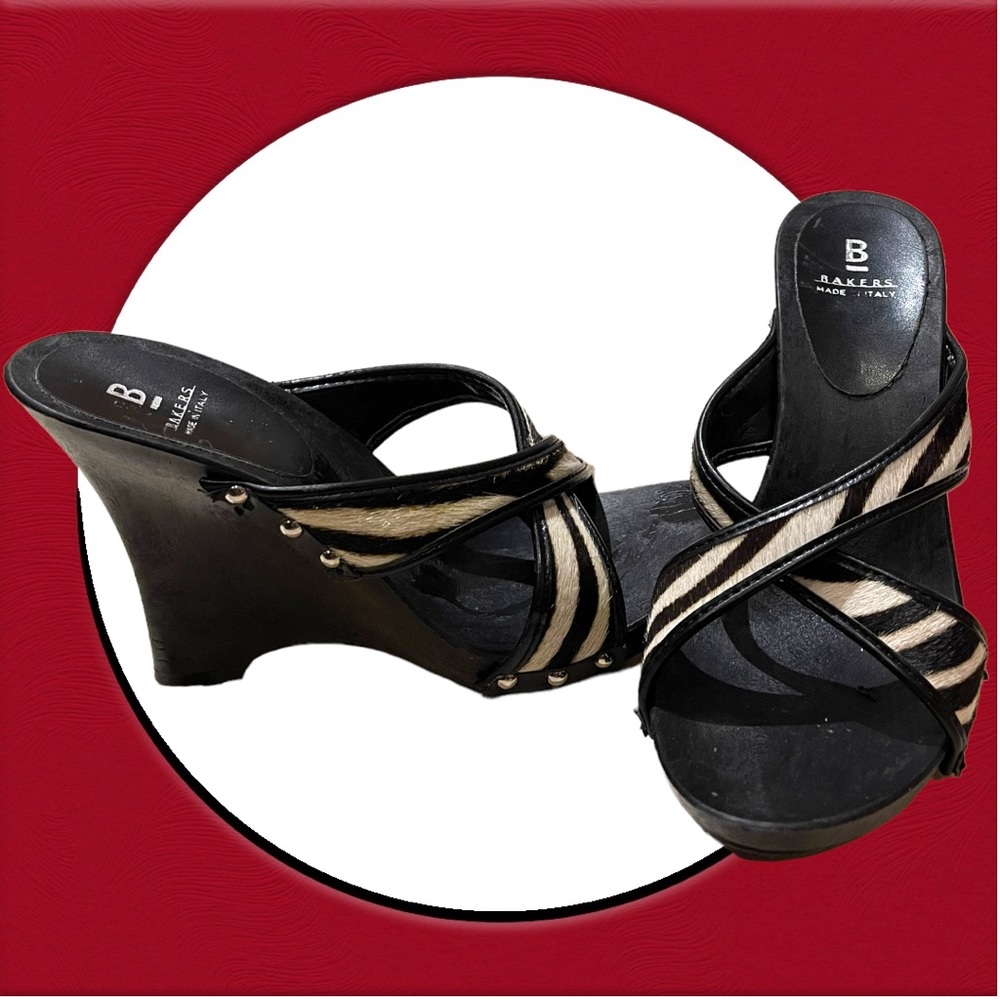 Bakers Black & White Zebra Pony Hair Wedges Slides ~Sz. 6.5 US ~ Made in Italy
